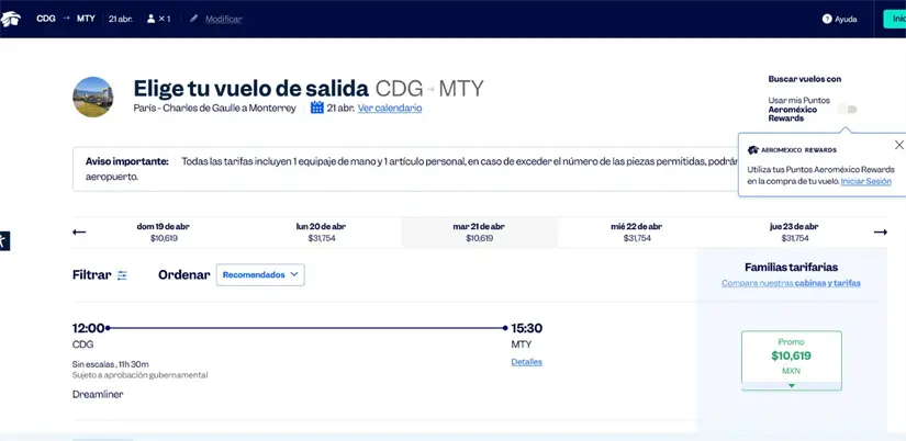 Costo del vuelo París-Monttey, regresando el 21 abril de 2026. Foto: Cortesía