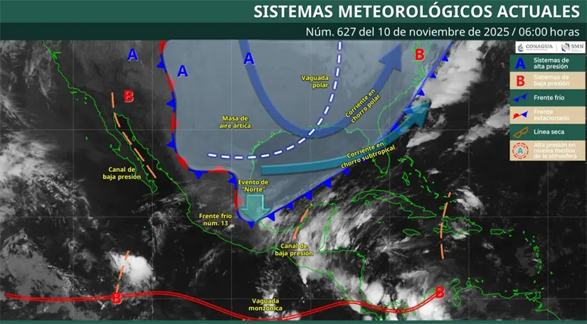 El frente frío 13 recorre parte del país con bajas temperaturas y lluvias. Imagen: Conagua