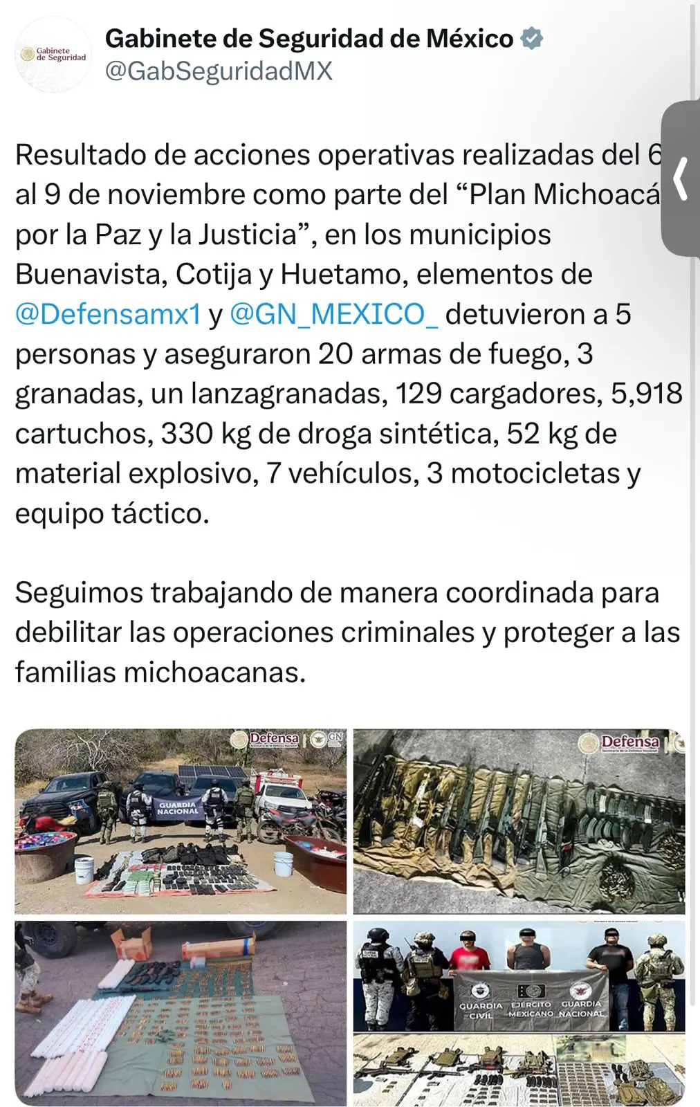 Operativos en Michoacán detienen a cinco personas y decomisan más de 300 kilos de droga