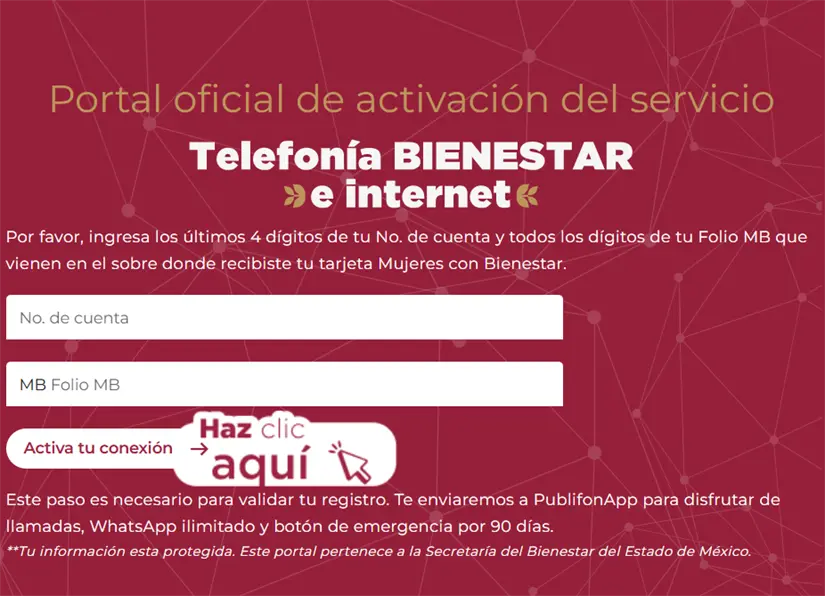 Activa la telefonía e internet gratuito en cuanto antes en la página oficial de Mujeres con Bienestar. Foto: Cortesía.