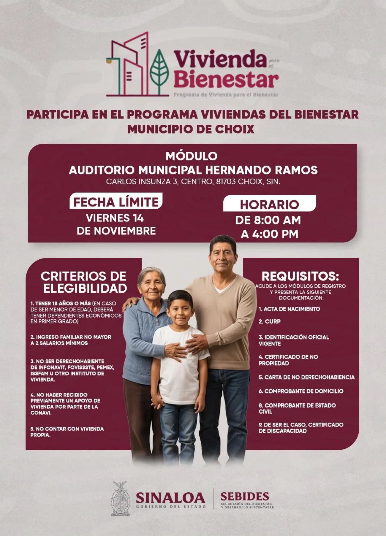 14 de noviembre fecha límite par registrarse en Choix para las Viviendas del Bienestar. Foto: Cortesía