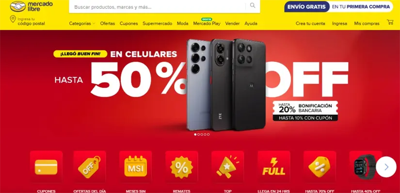 Mercado Libre tiene rebajas de hasta el 50% en celulares este Buen Fin. Imagen: mercadolibre.com.mx