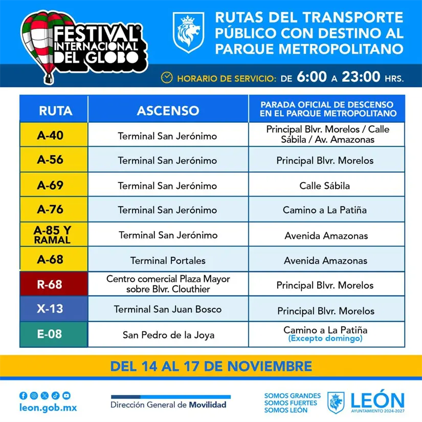 Rutas de transporte para llegar al Festival de Globo de León. Foto: Cortesía