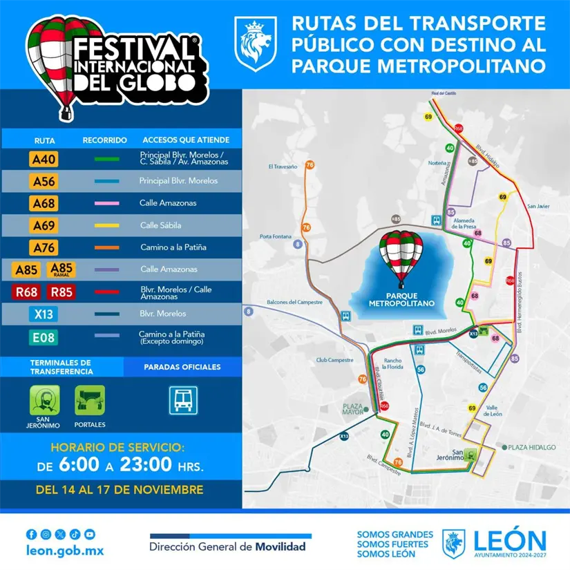 Rutas del transporte público al Parque Metropolitano de León. Foto: Cortesía