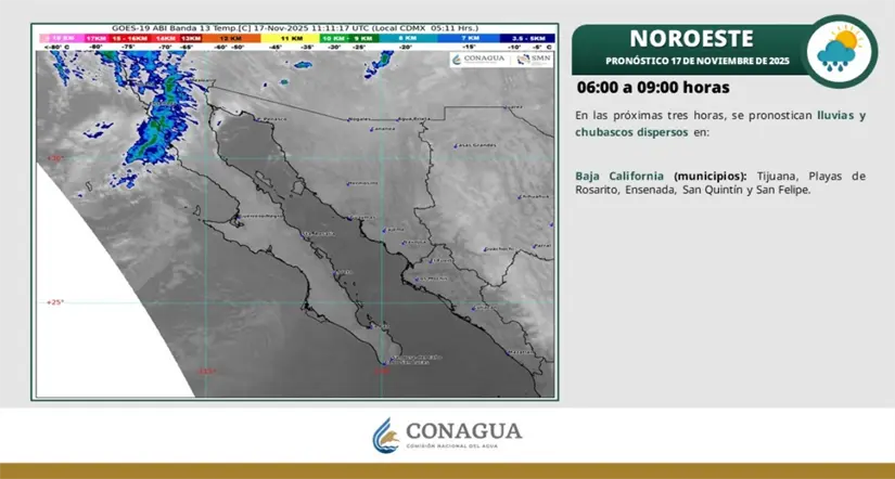 Así estará el clima en Baja California esta mañana. Imagen: Conagua