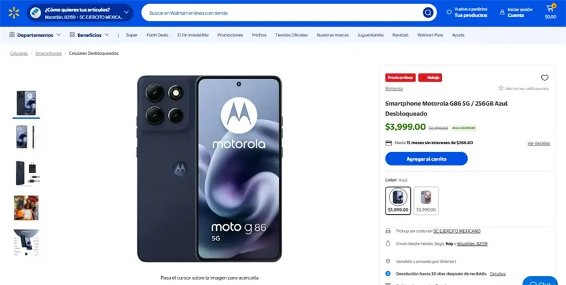 El Moto G86 se encuentra en oferta en Walmart. Imagen: walmart.com.mx