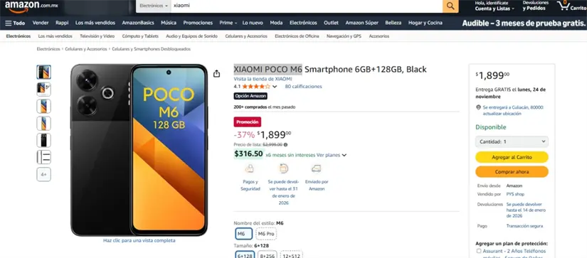El POCO M6 de Xiaomi tiene casi el 40% de descuento en Amazon. Imagen: amazon.com.mx
