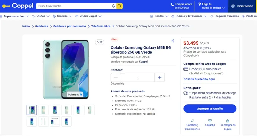 El Galaxy M55 tiene más del 50% de descuento en Coppel. Imagen: coppel.com