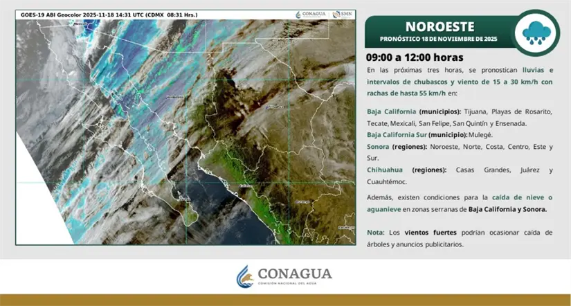 Se esperan lluvias en las próximas horas en Baja California. Imagen: Conagua