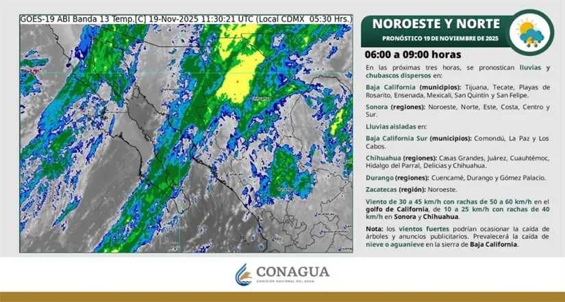 Se esperan lluvias y chubascos esta mañana en Baja California. Imagen: Conagua