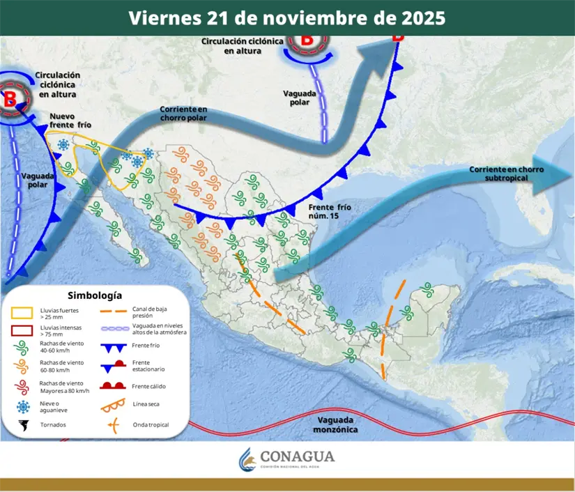 El frente frío 16 ingresará sobre el noroeste del país esta semana. Imagen: Conagua