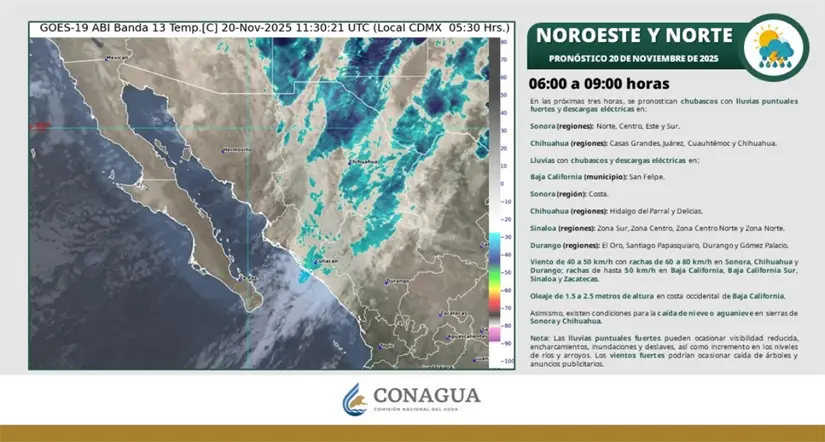 El frente frío mantendrá condiciones para lluvias en el noroeste del país. Imagen: Conagua