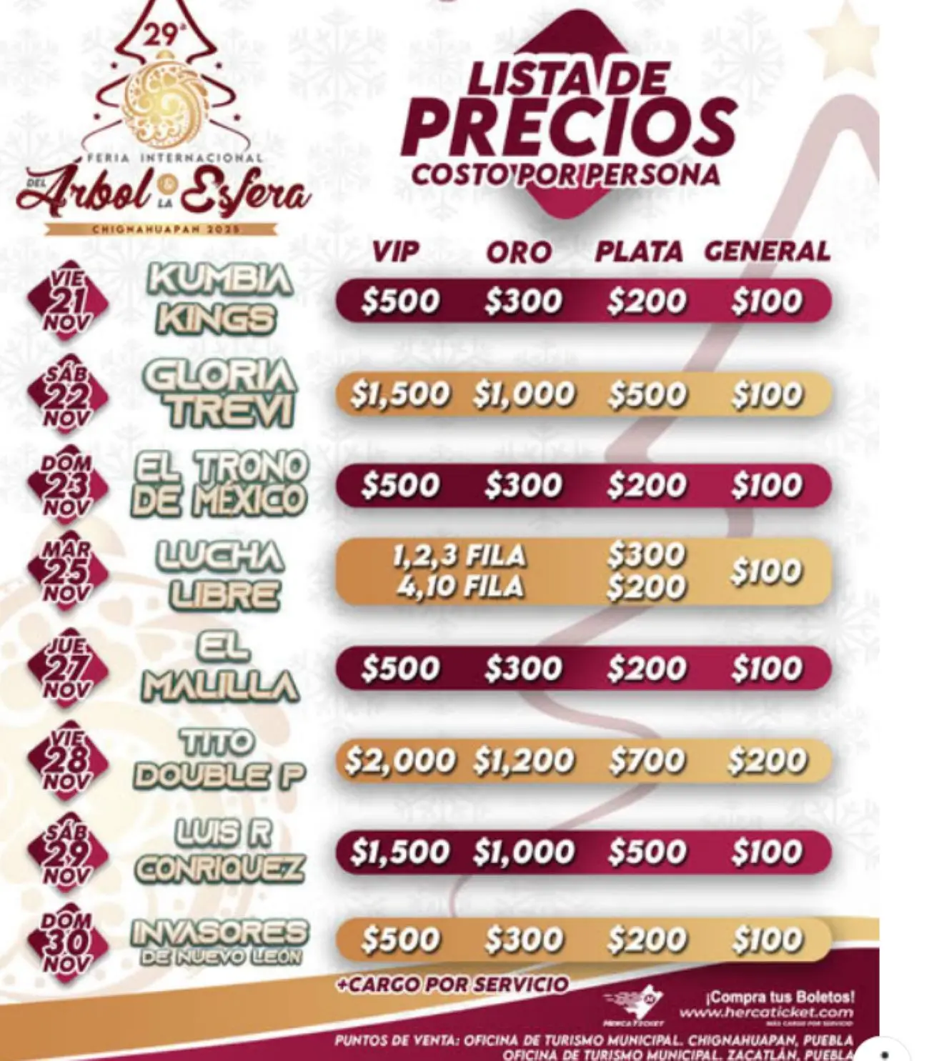 Precios de los boletos para los conciertos de la Feria del Árbol y la Esfera de Chignahuapan 2025. Foto: Cortesía 