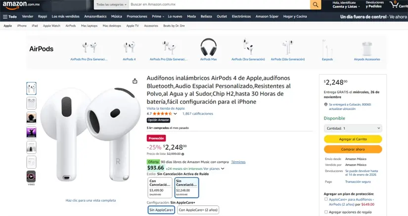 Los AirPods 4 están entre los artículos más vendidos en Amazon. Imagen: amazon.com.mx