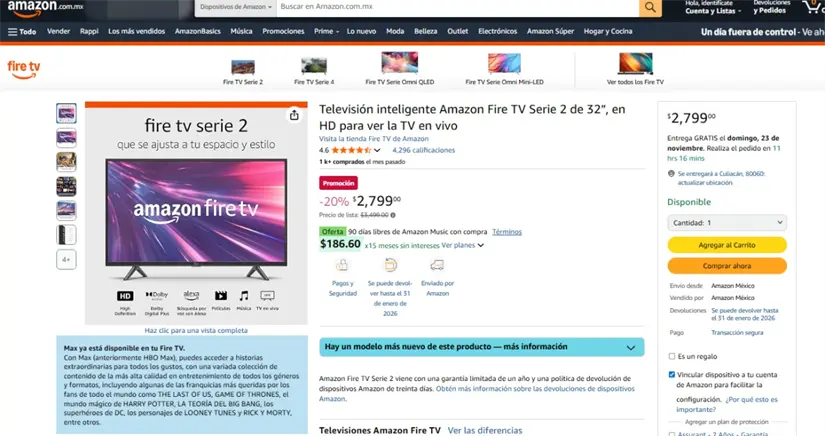La Smart TV Amazon Fire TV Serie 2 lidera las preferencias en ventas. Imagen: amazon.com.mx