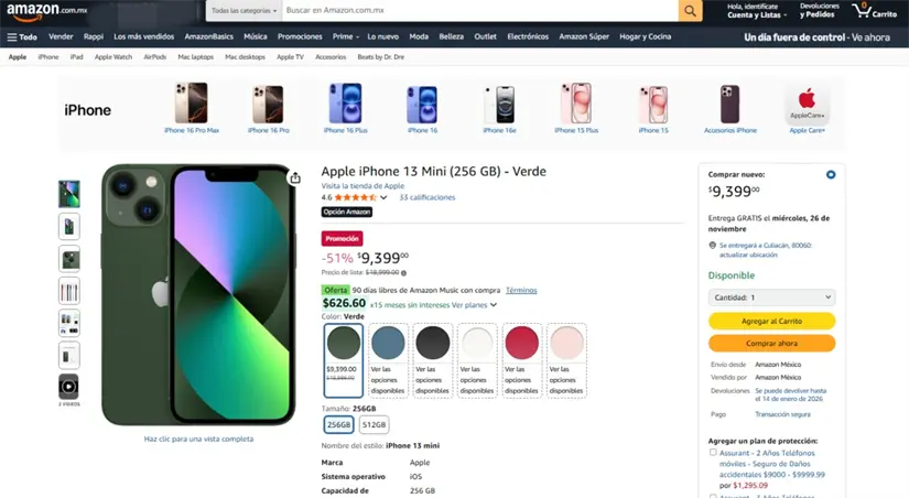 El iPhone 13 Mini está entre las principales ofertas en tendencia en Amazon. Imagen: amazon.com.mx