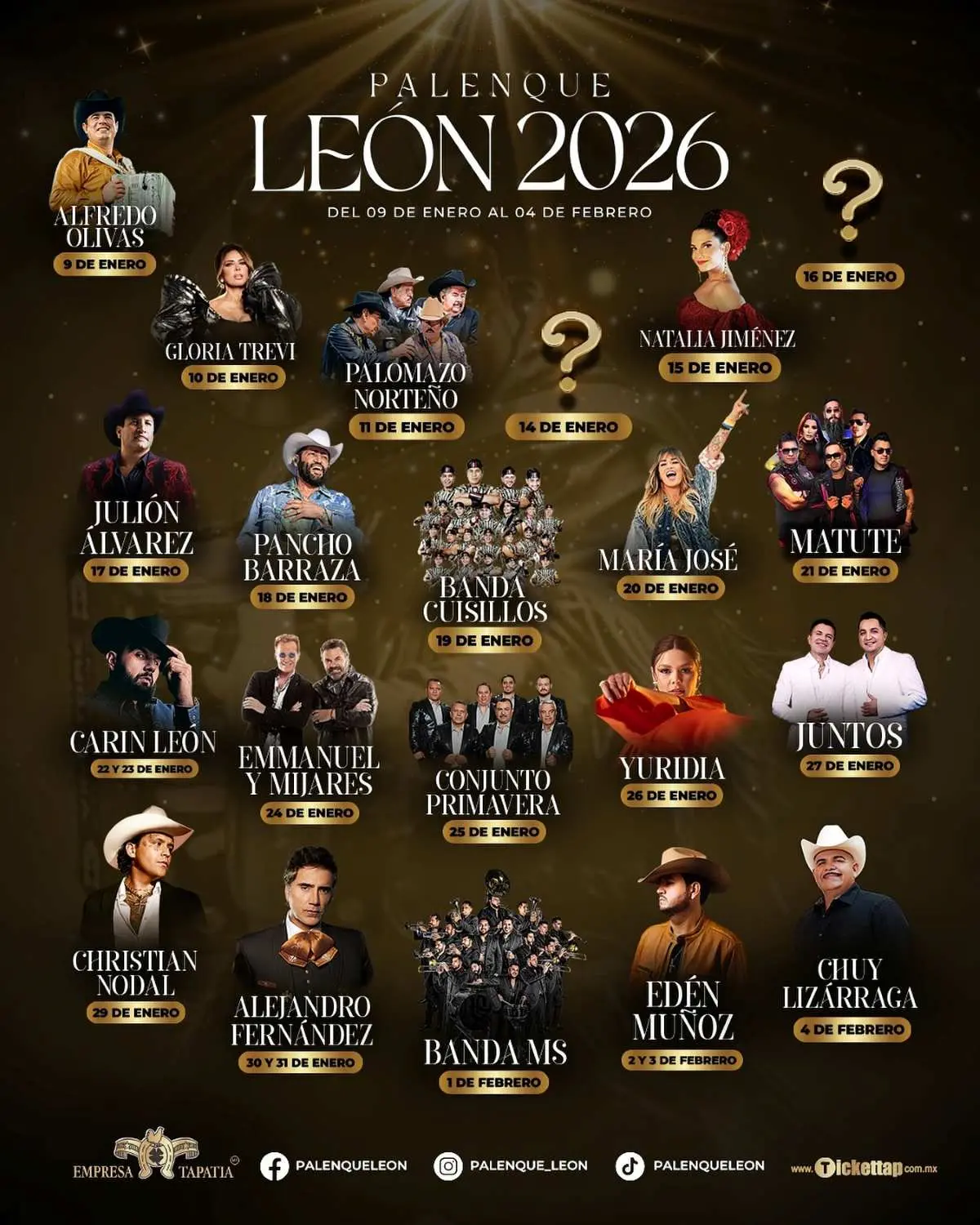 Cartelera del Palenque de la Feria de León 2026. Foto: Cortesía