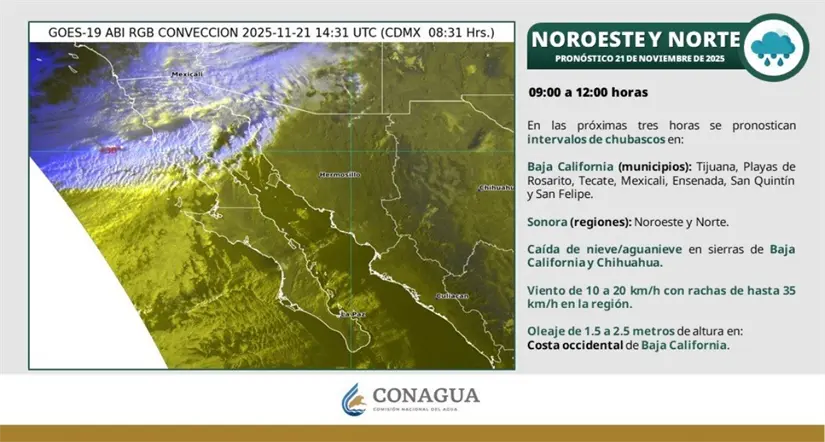 Se esperan chubascos y lluvias esta mañana en Baja California. Imagen: Conagua