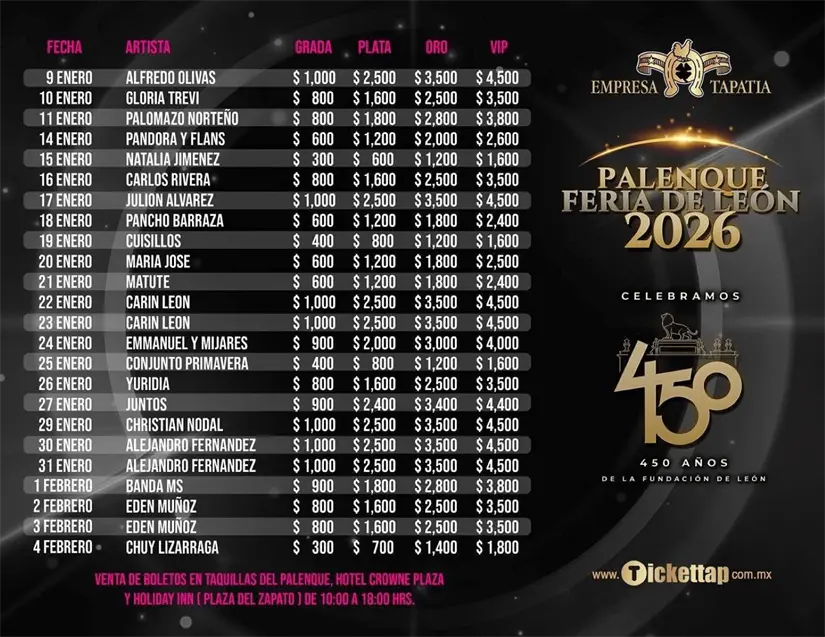 Precios para el Palenque de la Feria de León 2026. Foto: Cortesía