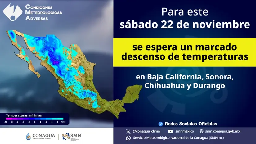 Se esperan bajas temperaturas y heladas en el noroeste del país este fin de semana. Imagen: Conagua