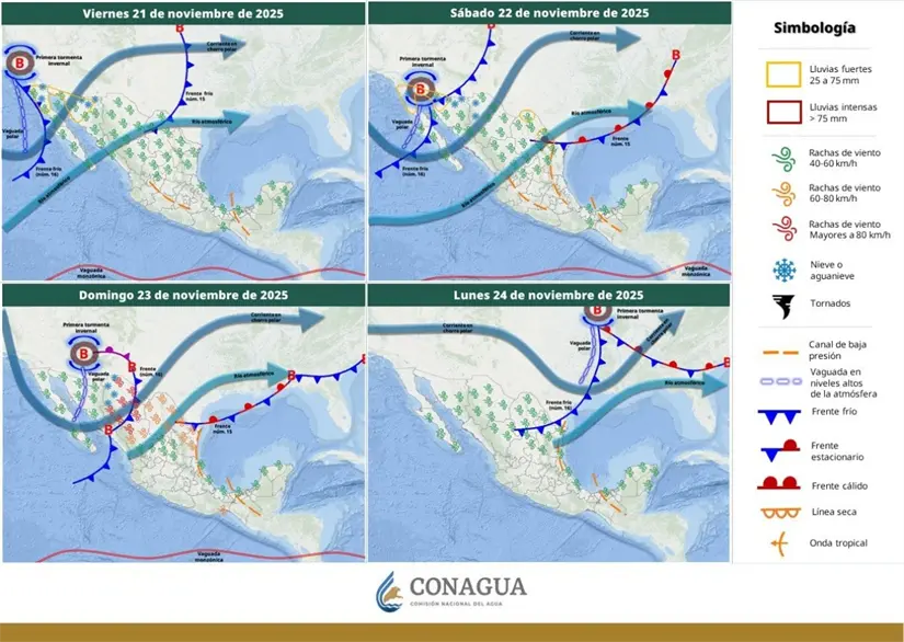 Pronóstico de vientos fuertes este fin de semana en México. Imagen: Conagua