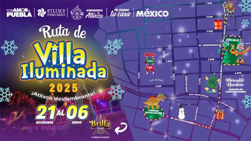 Así será la ruta de la Villa Iluminada Atlixco 2025. Foto: Cortesía.
