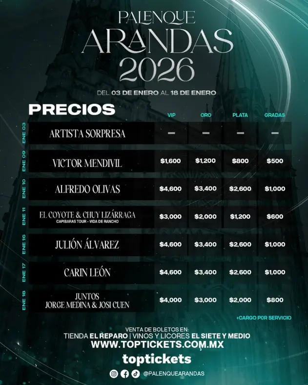 Estos son los precios de los boletos para el Palenque de la Feria de Arandas 2026 en Jalisco. Foto: Cortesía.