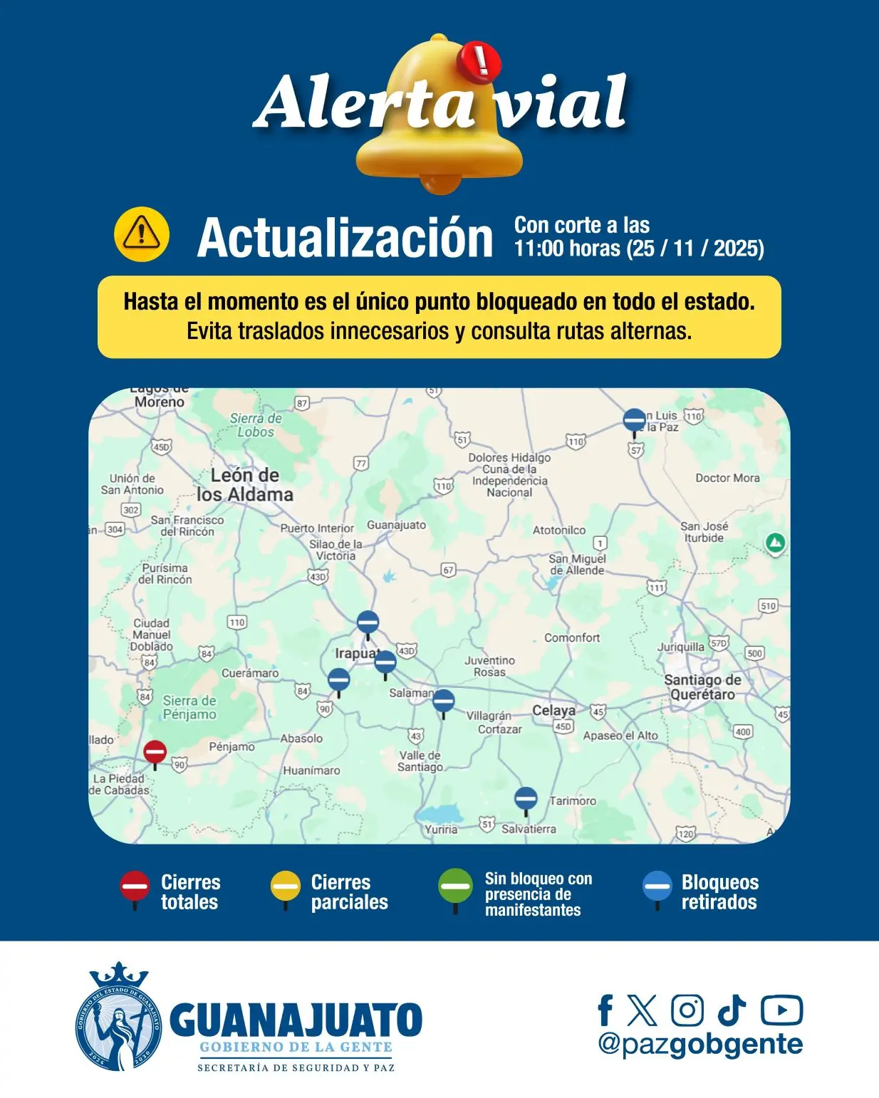 Carreteras bloquedas en Guanajuato hoy 25 de noviembre. Foto: Cortesía