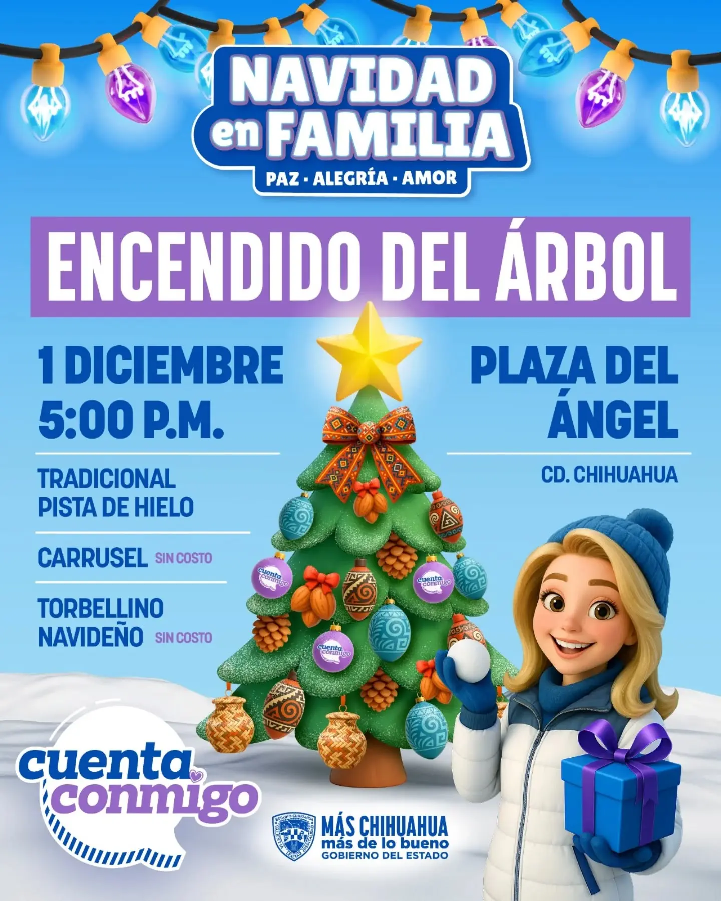 Encendido del árbol y atracciones por temporada navideña en Chihuahua. Foto: Cortesía