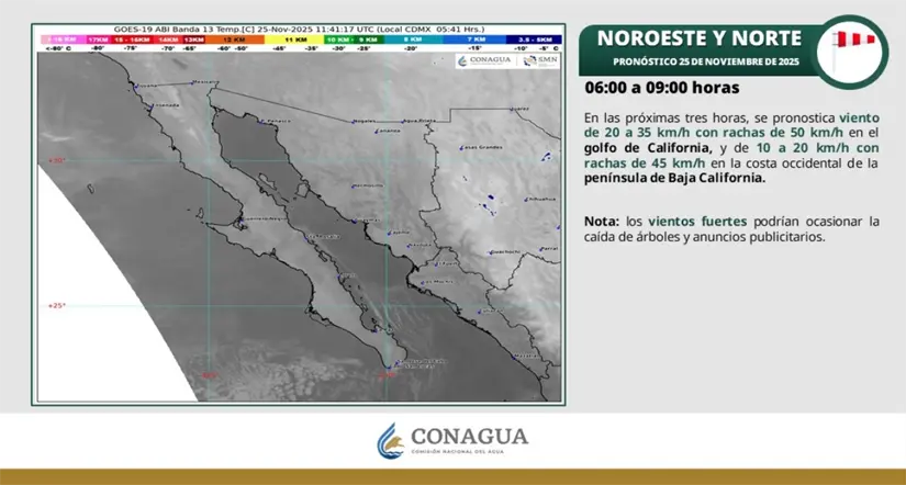 Rachas de viento en Baja California la mañana de este martes. Imagen: Conagua