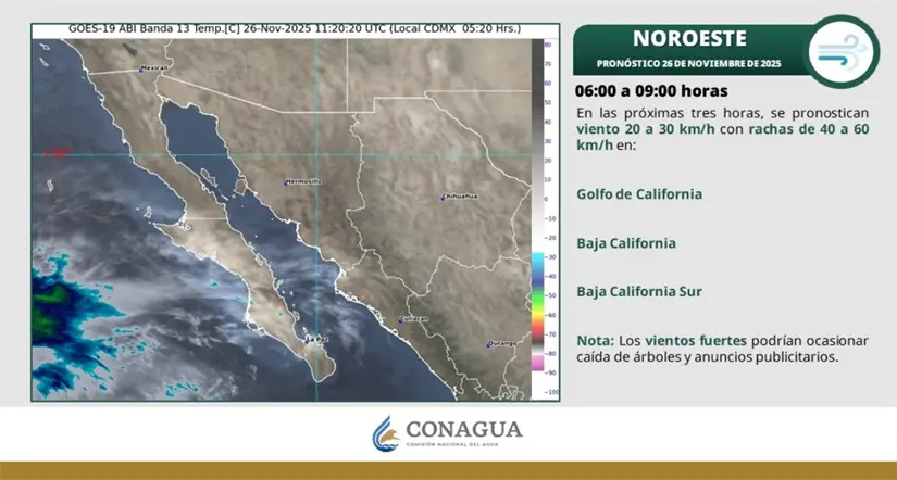 Rachas de viento esta mañana en Baja California y otros estados de la región. Imagen: Conagua