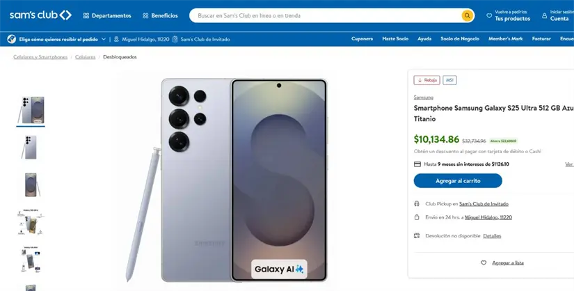En remate Samsung Galaxy S25 Ultra por Black Friday en Sam's Club. Foto: Captura de pantalla