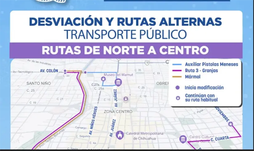 Cambios de rutas de norte a Centro en la ciudad de Chihuahua. Foto: Cortesía