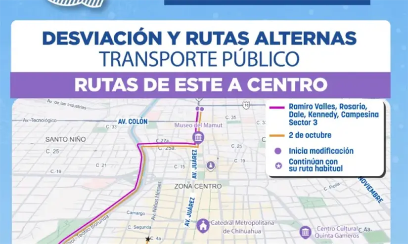 Modificación en rutas de Este a Centro en Chihuahua. Foto: Cortesía