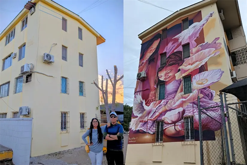 El antes y el después del mural Sembrando Paz en el emblemático edificio frente al Hospital Civil de Culiacán.