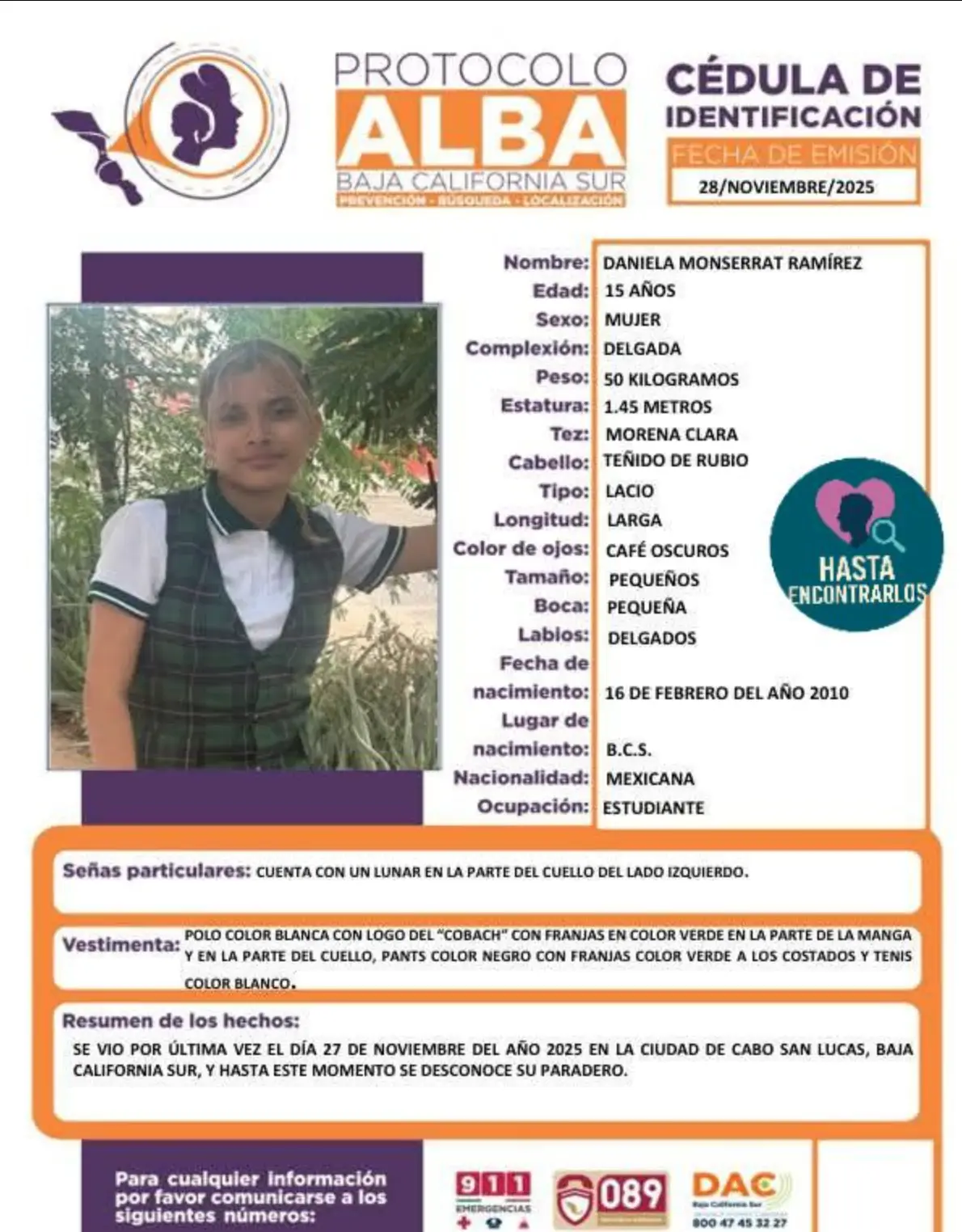 Daniela Monserrat Ramírez, de 15 años se encuentra desaparecida desde el 27 de noviembre. Foto: cortesía.