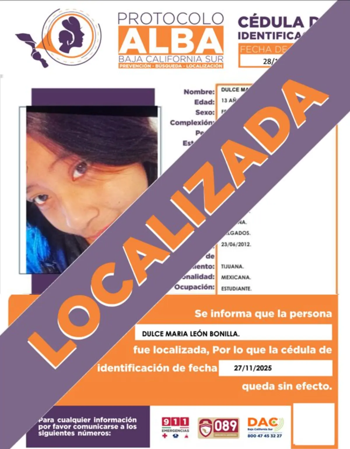 Dulce María León Bonilla ya fue localizada. Foto: cortesía.