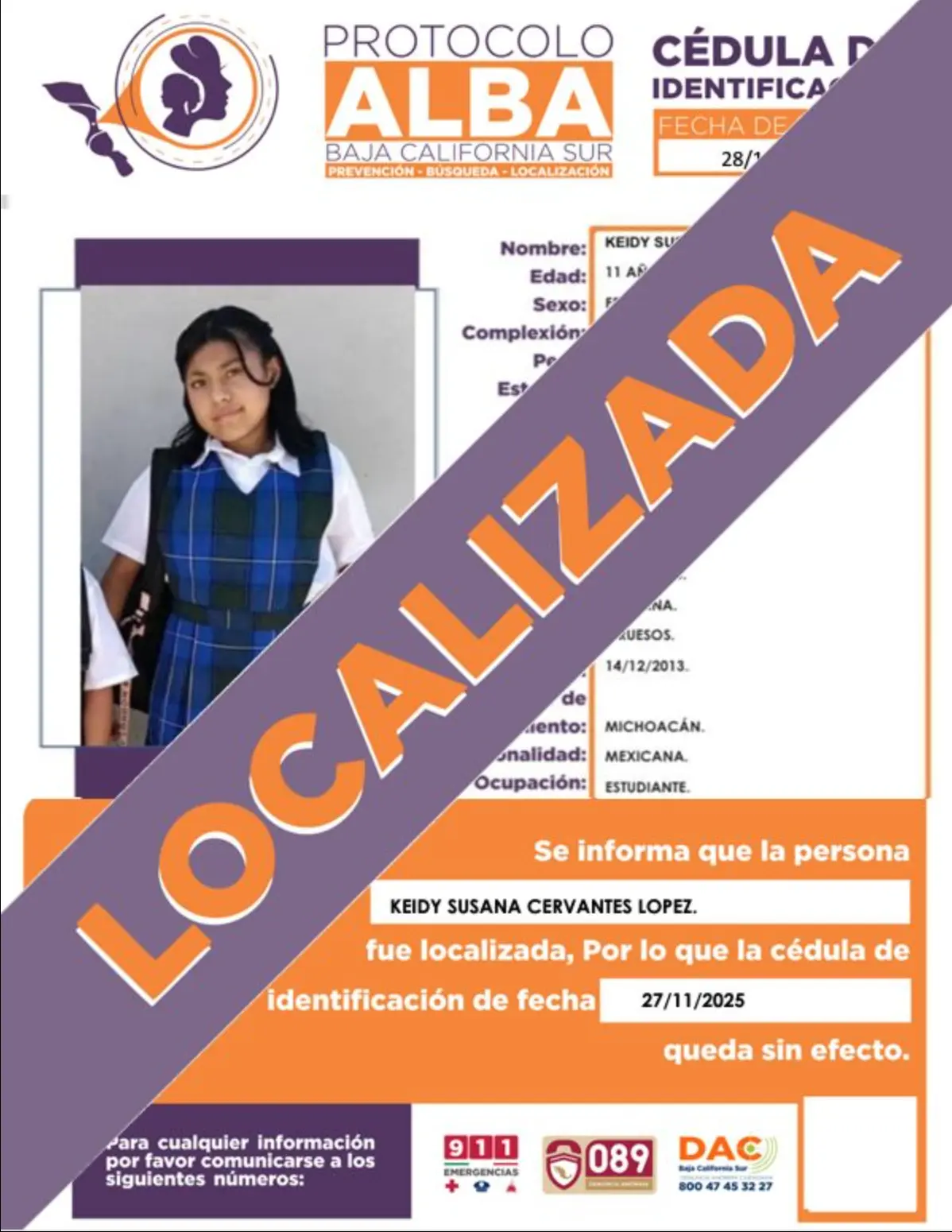 Keidy Susana Cervantes López ya fue localizada. Foto: cortesía.