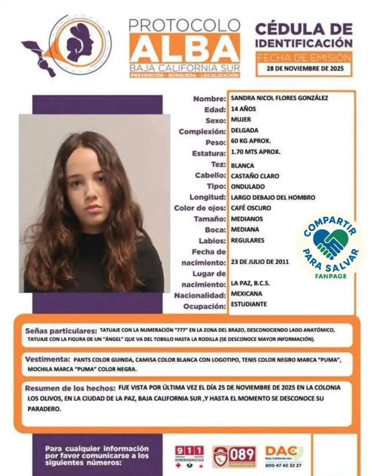 Sandra Nicol Flores Gonzáles, de 14 años se encuentra desaparecida desde el 25 de noviembre. Foto: cortesía.