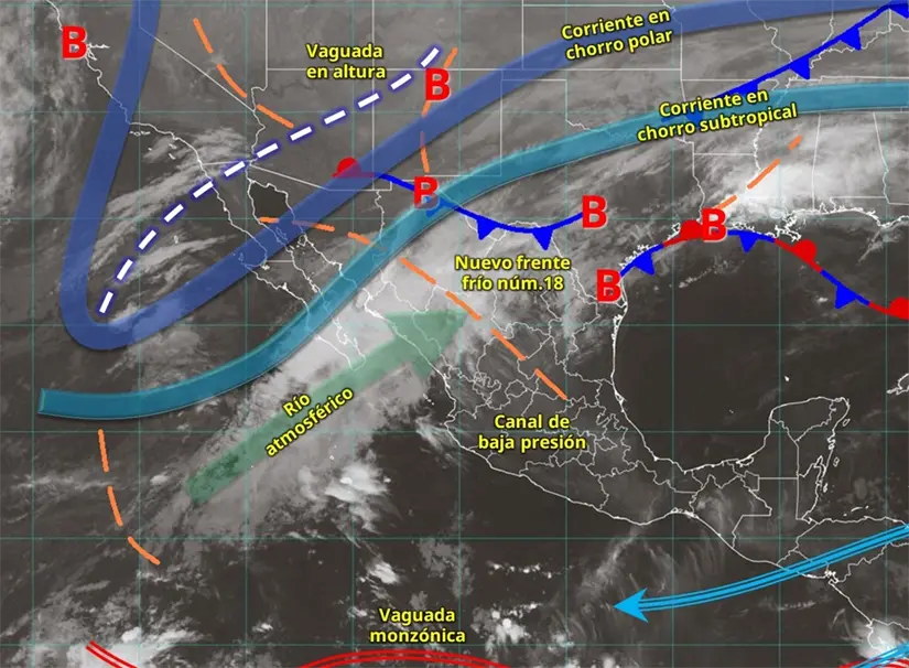 El frente frío 18 afectará el norte del país, incluyendo a Baja California. Imagen: Conagua