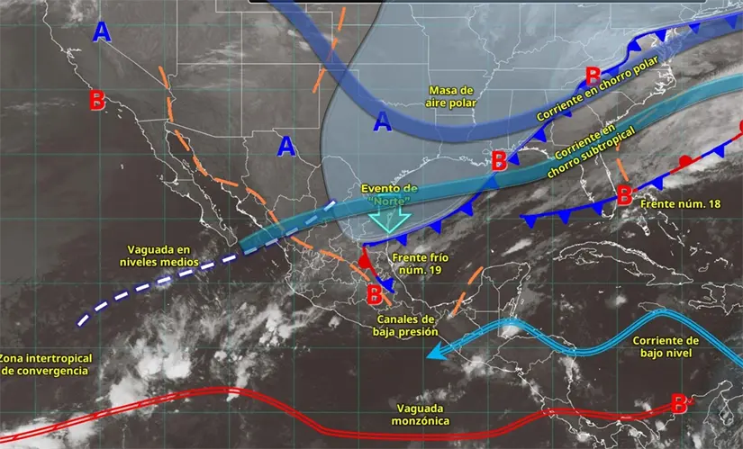 El frente frío 19 ingresó este domingo al norte del país. Imagen: Conagua