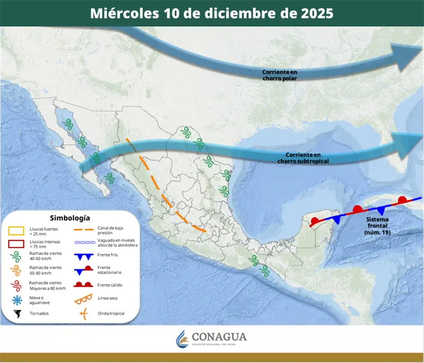 El frente frío 19 se desplazará hacia el sureste del país, afectando a la península de Yucatán. Imagen: Conagua
