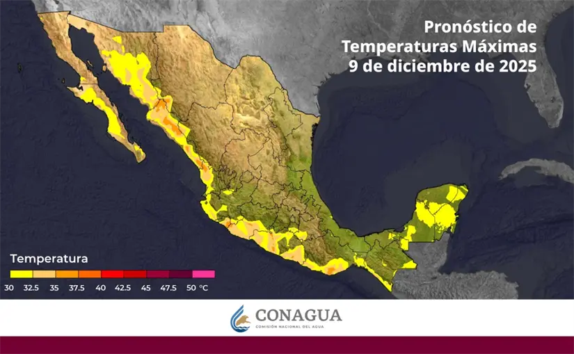 Incluso en diciembre, predominan las temperaturas cálidas en estados de la costa del Pacífico y el sureste mexicano. Imagen: Conagua