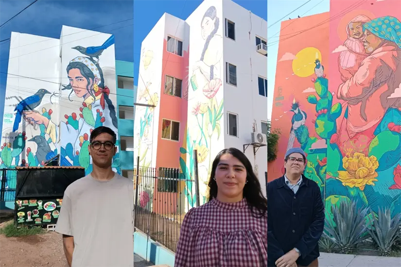 Braulio Armenta, Nidia Ibin y Dante Aguilera posan junto a sus murales.