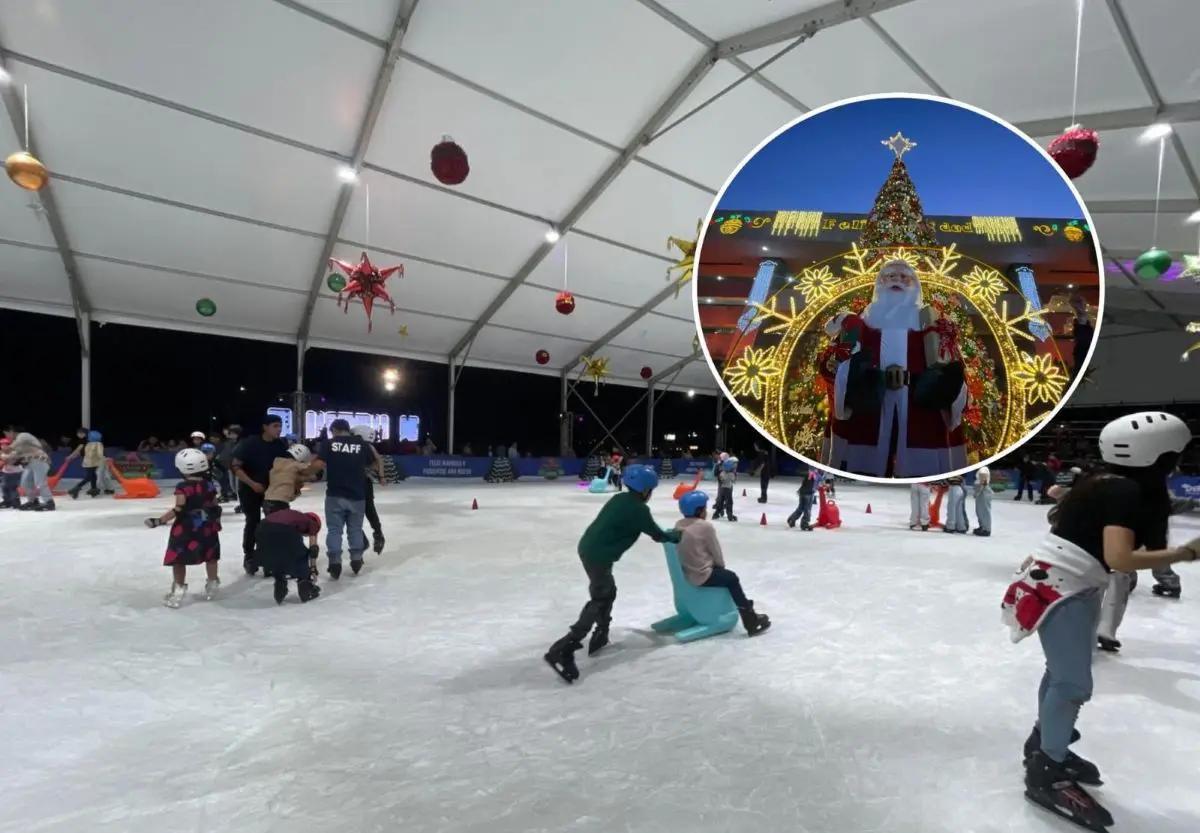Ya abrió la pista de hielo gratuita en Culiacán con el encendido del árbol de Navidad. Foto: Lino Ceballos