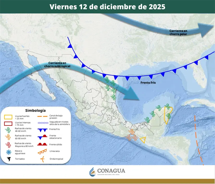 El frente frío número 20 se aproximará a la frontera norte y noreste del país esta semana. Imagen: Conagua