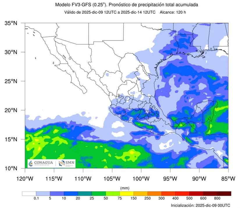 En estas regiones se concentrarán las lluvias en los próximos días. Imagen: Conagua