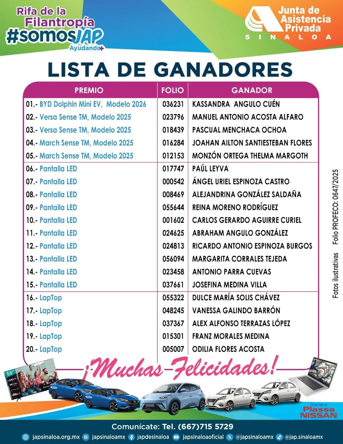 Lista de ganadores de la Rifa de la Filantropía 2025. Busca tu nombre