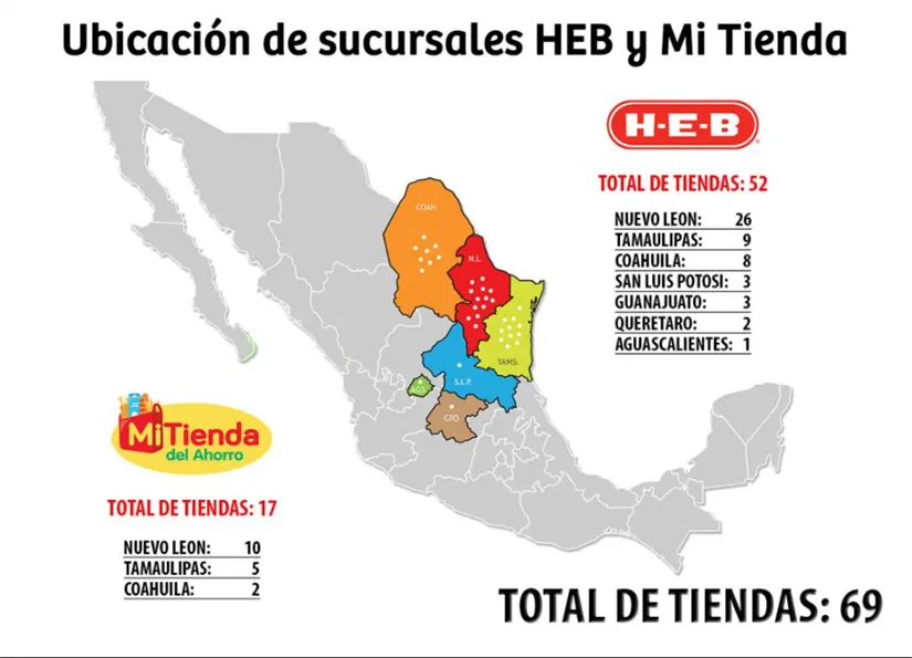 Mapa de los estados de México que cuentan con un supermercado HEB. Foto: cortesía.