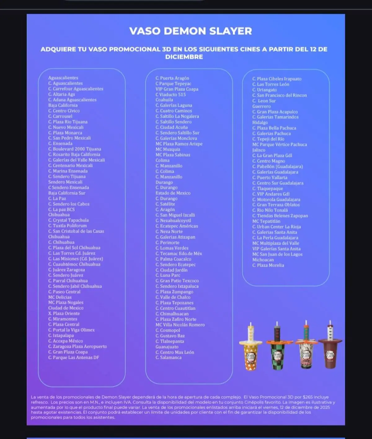 Sucursales de Cinépolis en las que venderán los vasos Demon Slayer. Foto: Coleccionado